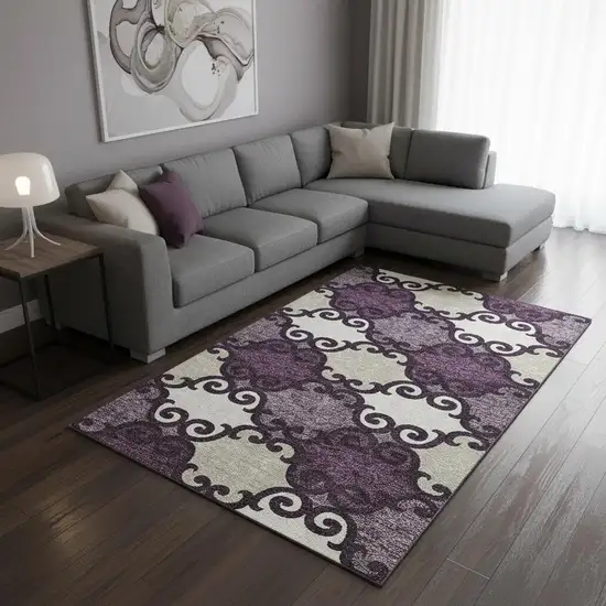 Eggplant Beige And Ivory Trellis Washable Area Rug With UV Protection Photo 2