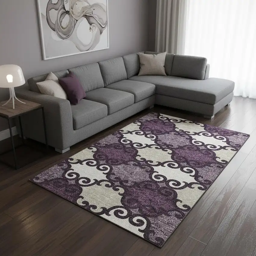 Eggplant Beige And Ivory Trellis Washable Area Rug With UV Protection Photo 2