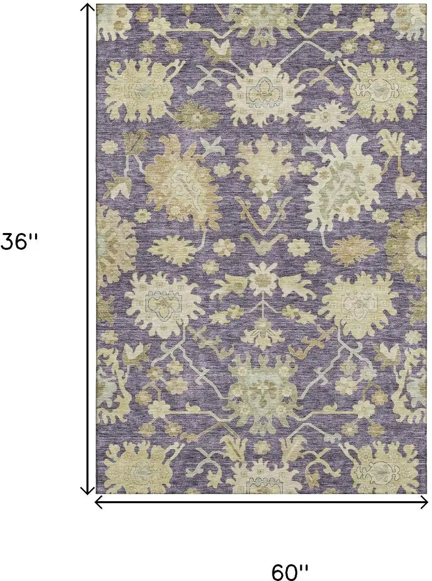 Eggplant Beige And Sage Floral Medallion Washable Area Rug With UV Protection Photo 3