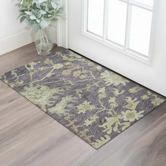 Eggplant Beige And Sage Floral Medallion Washable Area Rug With UV Protection Photo 2
