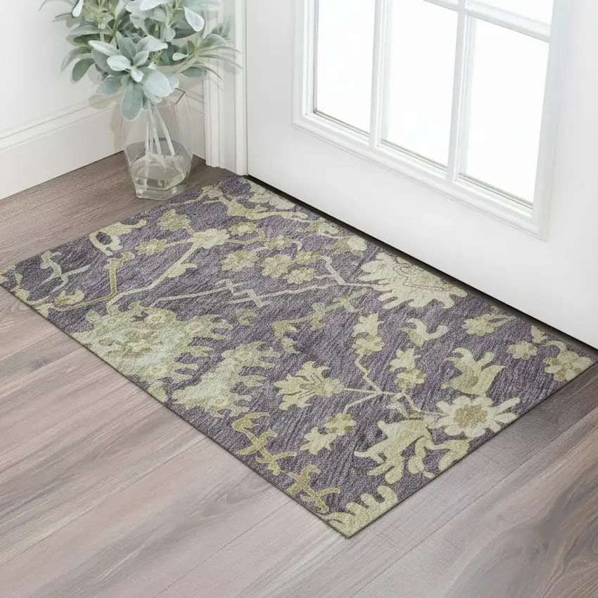 Eggplant Beige And Sage Floral Medallion Washable Area Rug With UV Protection Photo 2