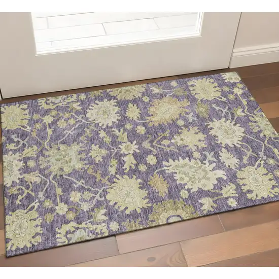 Eggplant Beige And Sage Floral Medallion Washable Area Rug With UV Protection Photo 1