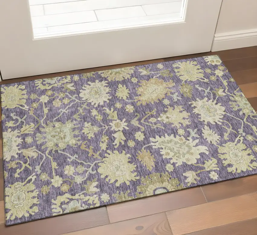 Eggplant Beige And Sage Floral Medallion Washable Area Rug With UV Protection Photo 1