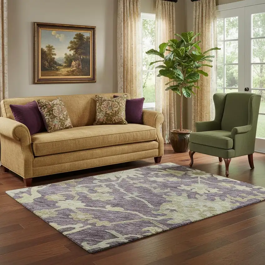 Eggplant Beige And Sage Floral Medallion Washable Area Rug With UV Protection Photo 2