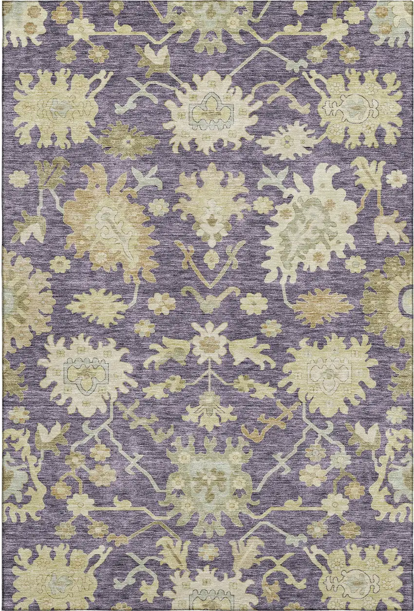 Eggplant Beige And Sage Floral Medallion Washable Area Rug With UV Protection Photo 4