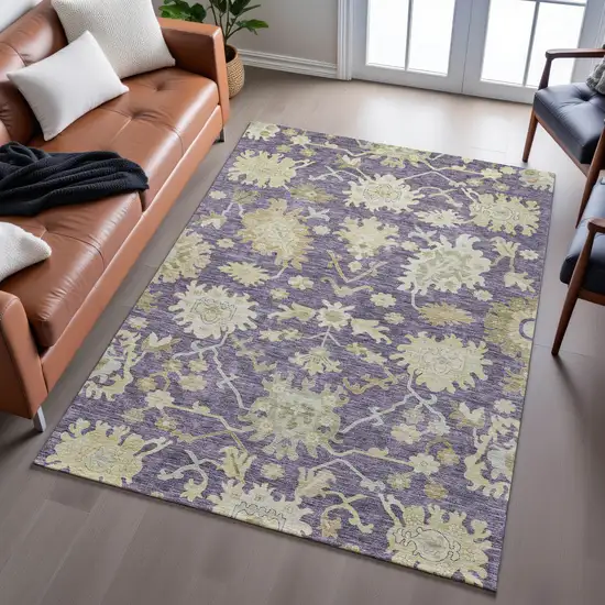 Eggplant Beige And Sage Floral Medallion Washable Area Rug With UV Protection Photo 3