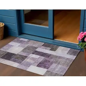 Photo of Eggplant Black And Lavender Geometric Washable Indoor Outdoor Area Rug