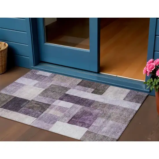 Eggplant Black And Lavender Geometric Washable Indoor Outdoor Area Rug Photo 1