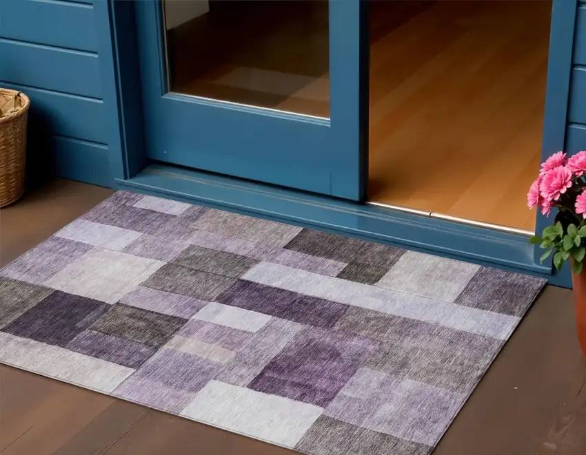Eggplant Black And Lavender Geometric Washable Indoor Outdoor Area Rug Photo 1
