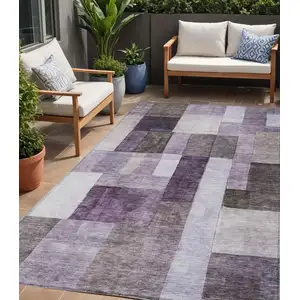 Photo of Eggplant Black And Lavender Geometric Washable Indoor Outdoor Area Rug