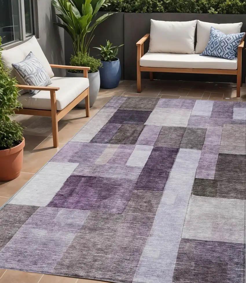 Eggplant Black And Lavender Geometric Washable Indoor Outdoor Area Rug Photo 1