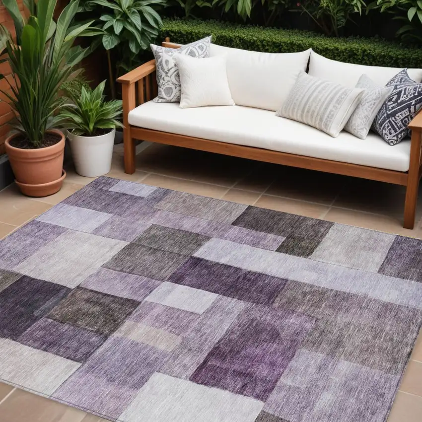 Eggplant Black And Lavender Geometric Washable Indoor Outdoor Area Rug Photo 1