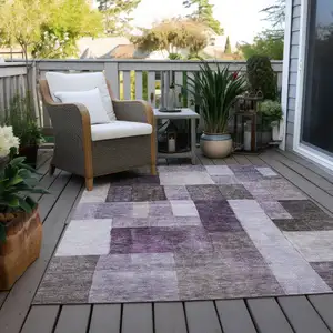 Photo of Eggplant Black And Lavender Geometric Washable Indoor Outdoor Area Rug