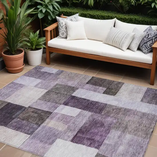 Eggplant Black And Lavender Geometric Washable Indoor Outdoor Area Rug Photo 1
