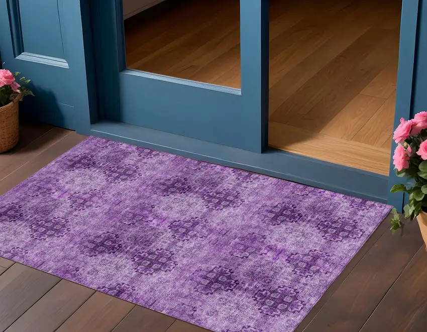 Eggplant Floral Medallion Washable Non Skid Indoor Outdoor Area Rug Photo 2