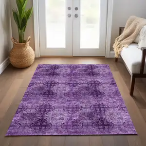 Photo of Eggplant Floral Medallion Washable Non Skid Indoor Outdoor Area Rug