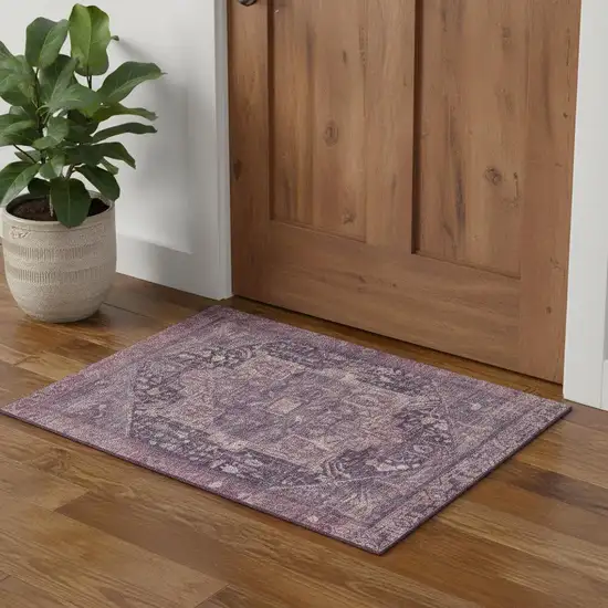 Eggplant Gold And Gray Oriental Washable Area Rug With UV Protection Photo 1