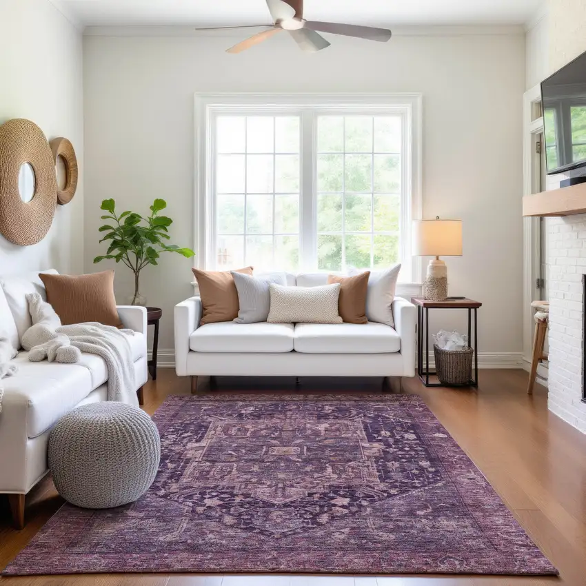 Eggplant Gold And Gray Oriental Washable Area Rug With UV Protection Photo 5