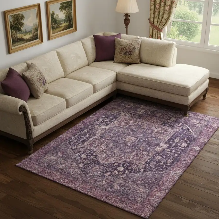 Eggplant Gold And Gray Oriental Washable Area Rug With UV Protection Photo 2
