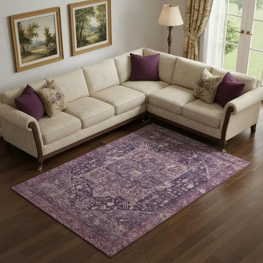 Eggplant Gold And Gray Oriental Washable Area Rug With UV Protection Photo 2
