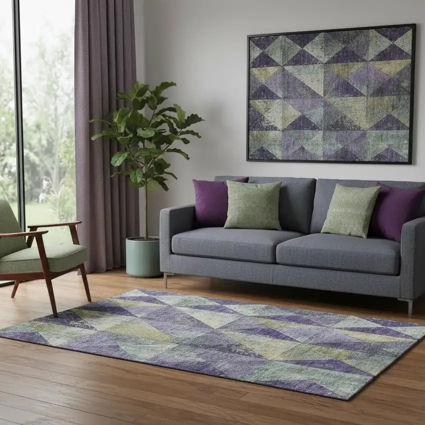 Eggplant Gold And Ivory Geometric Washable Area Rug With UV Protection Photo 2