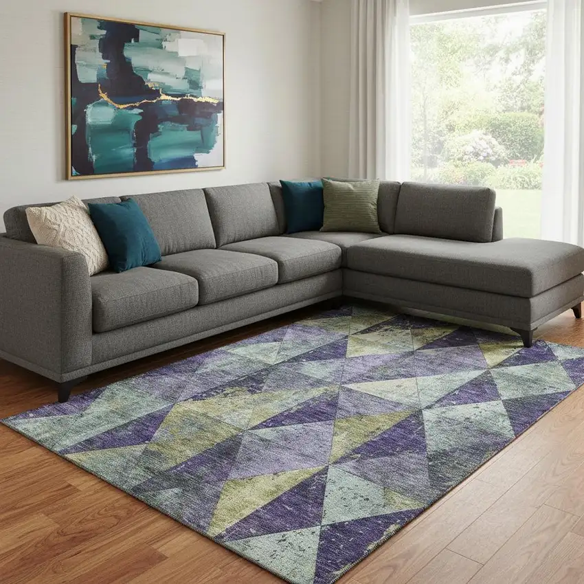 Eggplant Gold And Ivory Geometric Washable Area Rug With UV Protection Photo 2