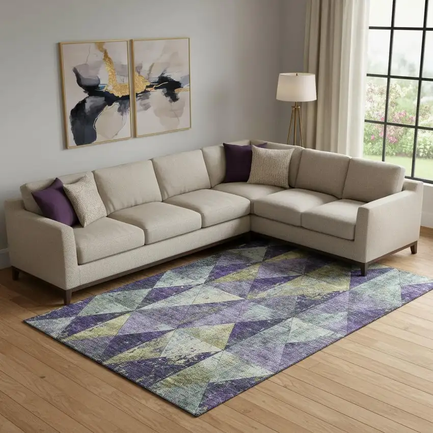 Eggplant Gold And Ivory Geometric Washable Area Rug With UV Protection Photo 2