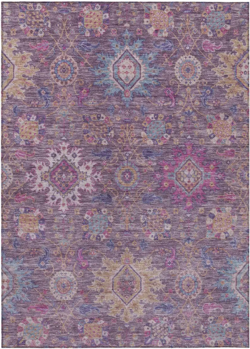 Eggplant Gold And Teal Blue Medallion Washable Indoor Outdoor Area Rug Photo 1