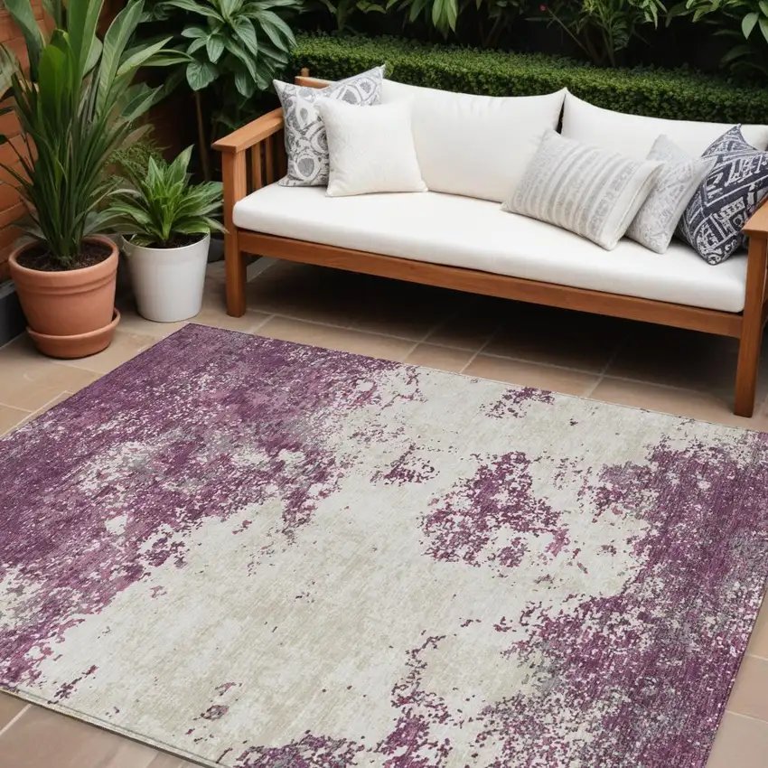 Eggplant Gray And Ivory Abstract Washable Indoor Outdoor Area Rug Photo 1