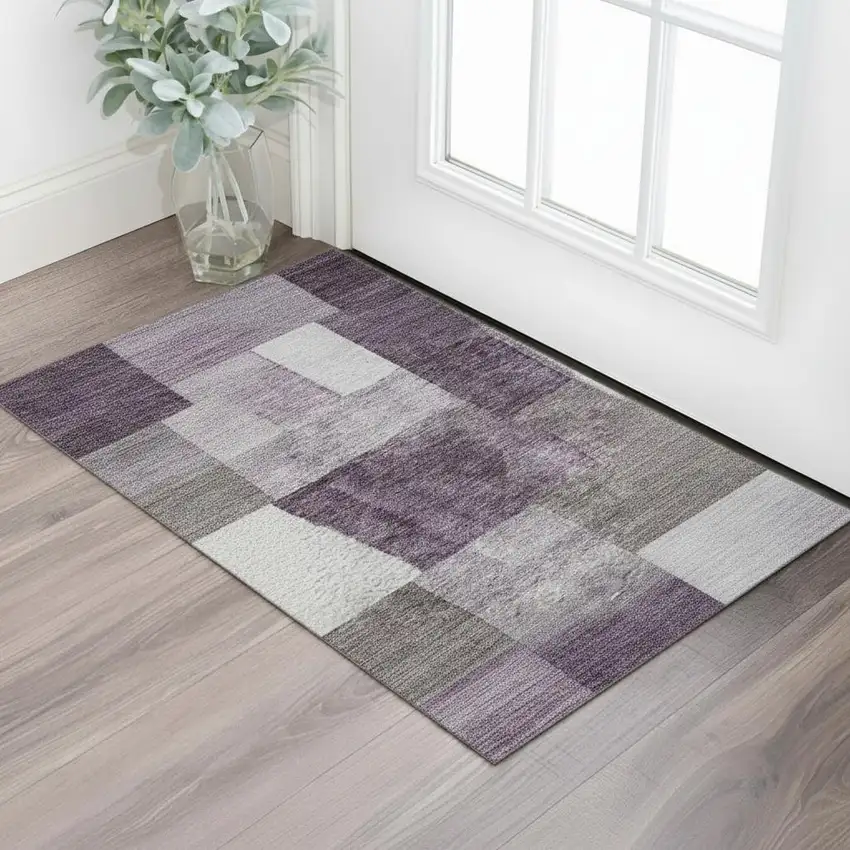 Eggplant Gray And Ivory Geometric Washable Area Rug With UV Protection Photo 2