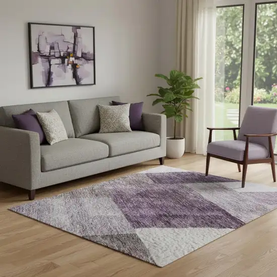 Eggplant Gray And Ivory Geometric Washable Area Rug With UV Protection Photo 2