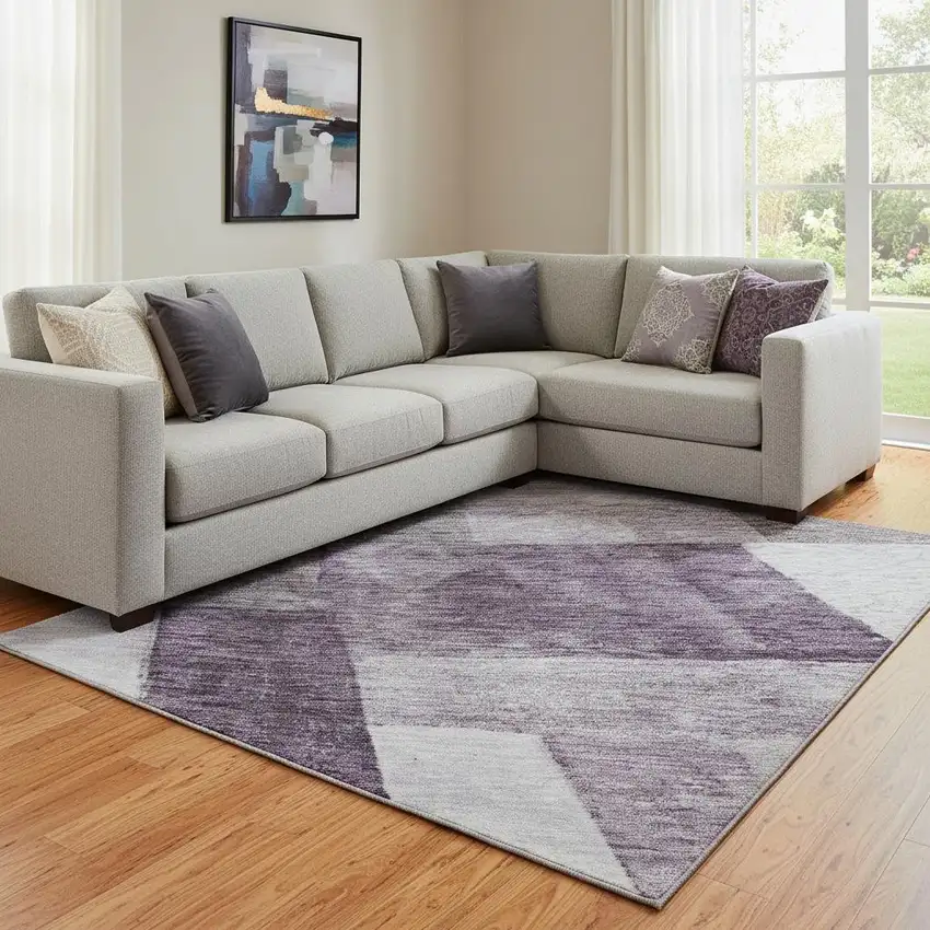 Eggplant Gray And Ivory Geometric Washable Area Rug With UV Protection Photo 2