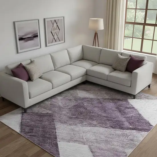 Eggplant Gray And Ivory Geometric Washable Area Rug With UV Protection Photo 2