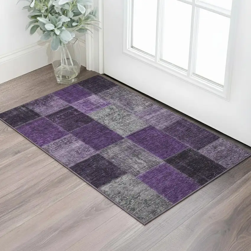 Eggplant Gray And Purple Patchwork Washable Area Rug With UV Protection Photo 2