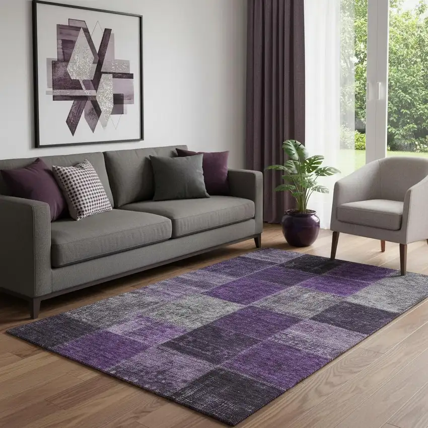Eggplant Gray And Purple Patchwork Washable Area Rug With UV Protection Photo 1