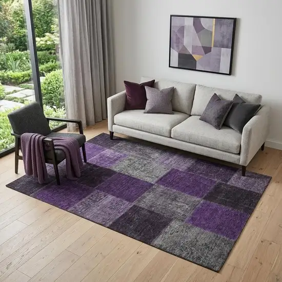 Eggplant Gray And Purple Patchwork Washable Area Rug With UV Protection Photo 1