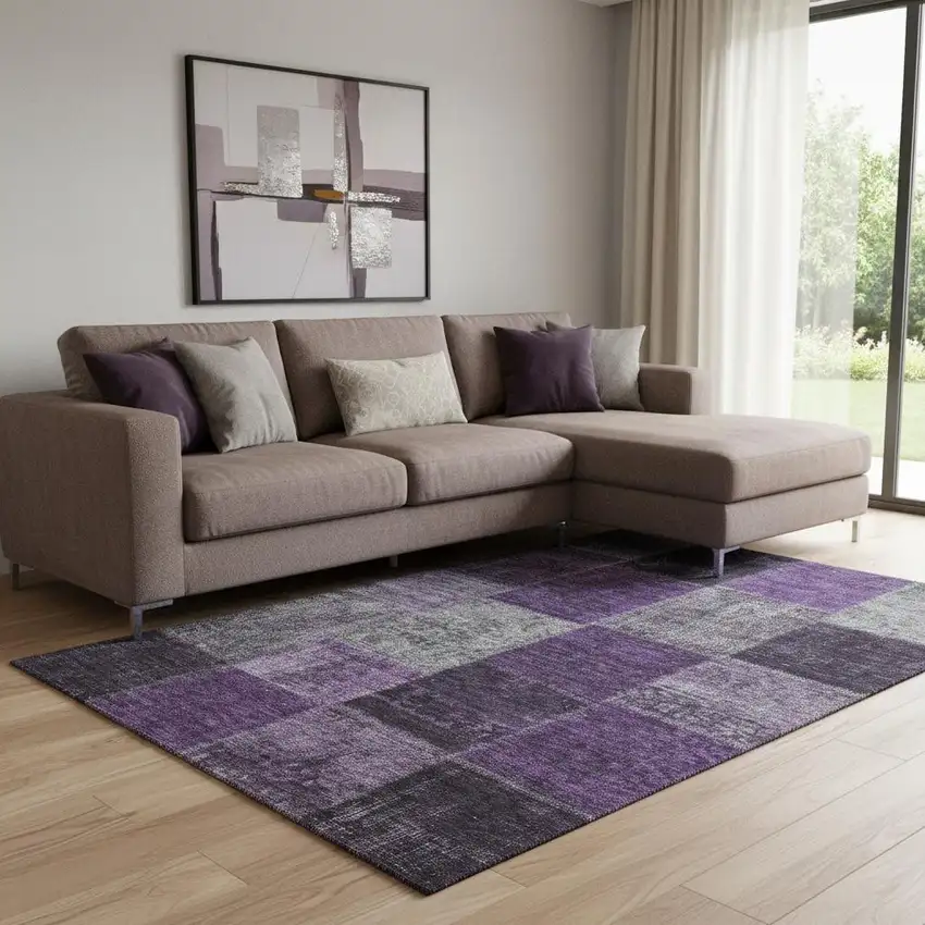 Eggplant Gray And Purple Patchwork Washable Area Rug With UV Protection Photo 1