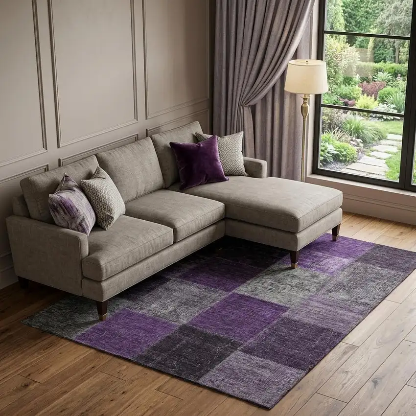 Eggplant Gray And Purple Patchwork Washable Area Rug With UV Protection Photo 1