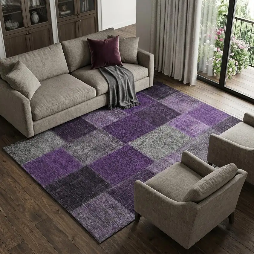 Eggplant Gray And Purple Patchwork Washable Area Rug With UV Protection Photo 1