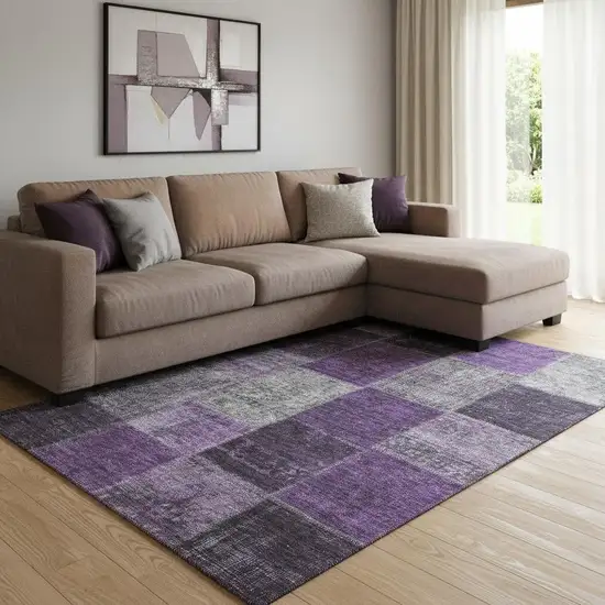 Eggplant Gray And Purple Patchwork Washable Area Rug With UV Protection Photo 1