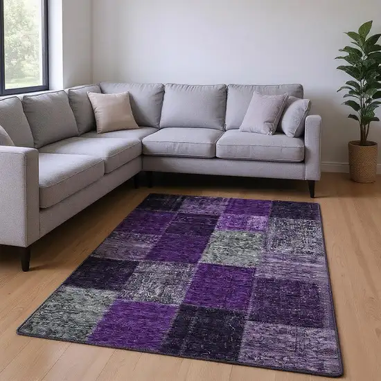 Eggplant Gray And Purple Patchwork Washable Area Rug With UV Protection Photo 1