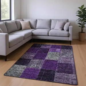 Photo of Eggplant Gray And Purple Patchwork Washable Area Rug With UV Protection