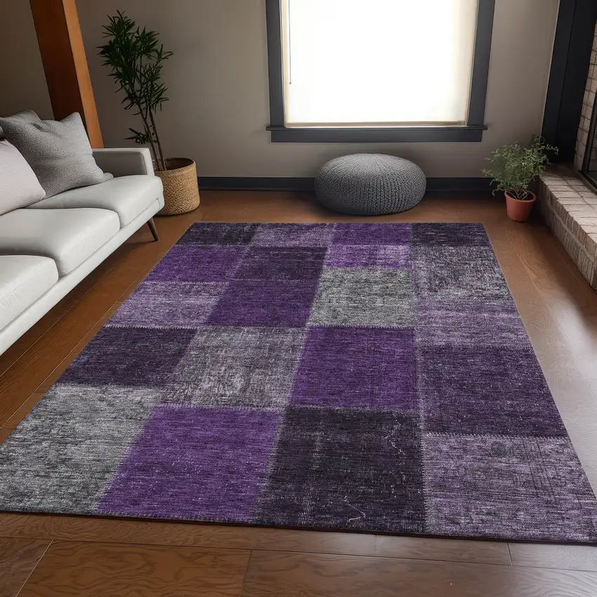 Eggplant Gray And Purple Patchwork Washable Area Rug With UV Protection Photo 5