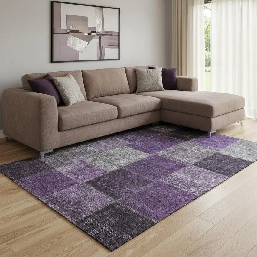 Eggplant Gray And Purple Patchwork Washable Area Rug With UV Protection Photo 1