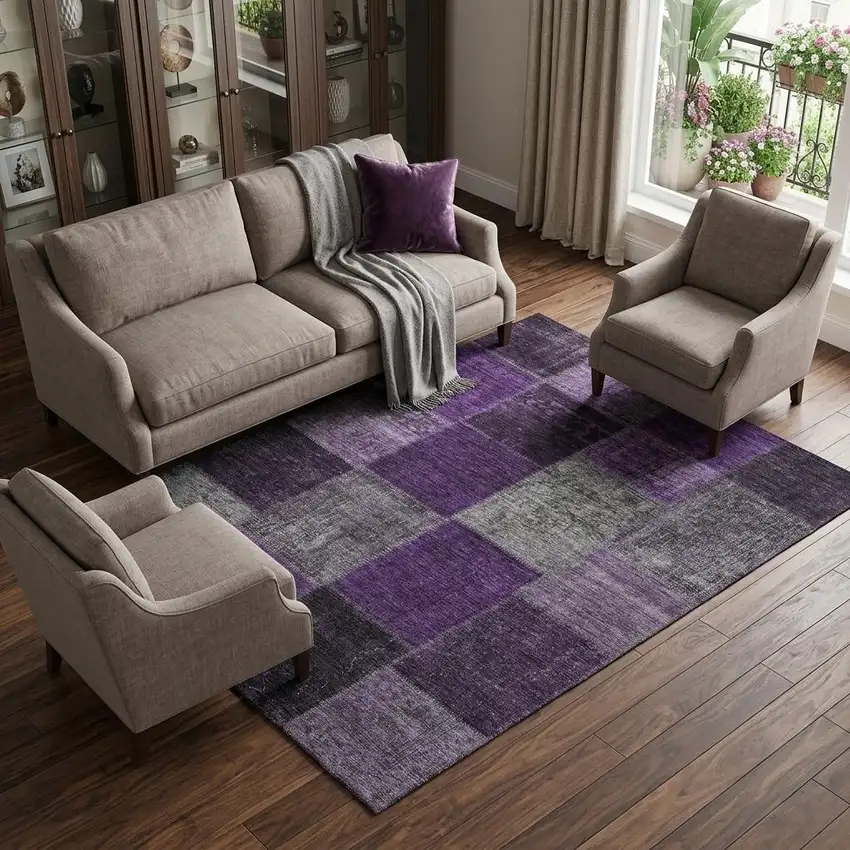 Eggplant Gray And Purple Patchwork Washable Area Rug With UV Protection Photo 1
