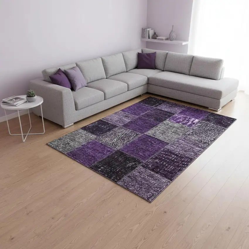 Eggplant Gray And Purple Patchwork Washable Area Rug With UV Protection Photo 1