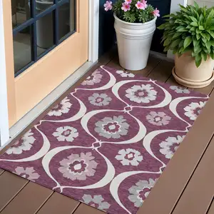 Photo of Eggplant Ivory And Gray Medallion Washable Indoor Outdoor Area Rug