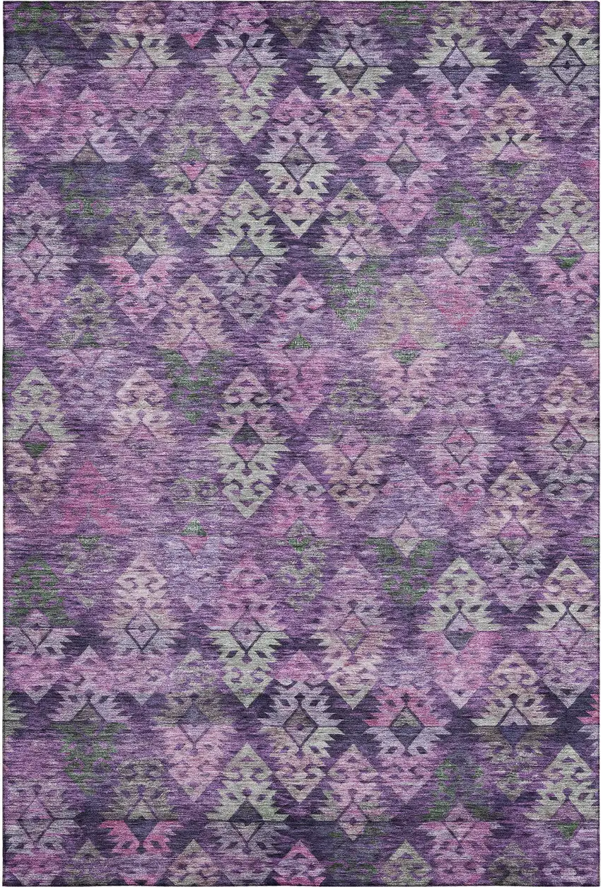 Eggplant Lavender And Gray Ikat Washable Area Rug With UV Protection Photo 1