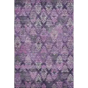 Photo of Eggplant Lavender And Gray Ikat Washable Area Rug With UV Protection