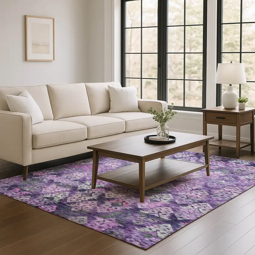 Eggplant Lavender And Gray Ikat Washable Area Rug With UV Protection Photo 4